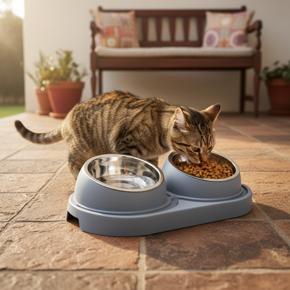 SA Cat Eating and Drinking from Dual Bowl